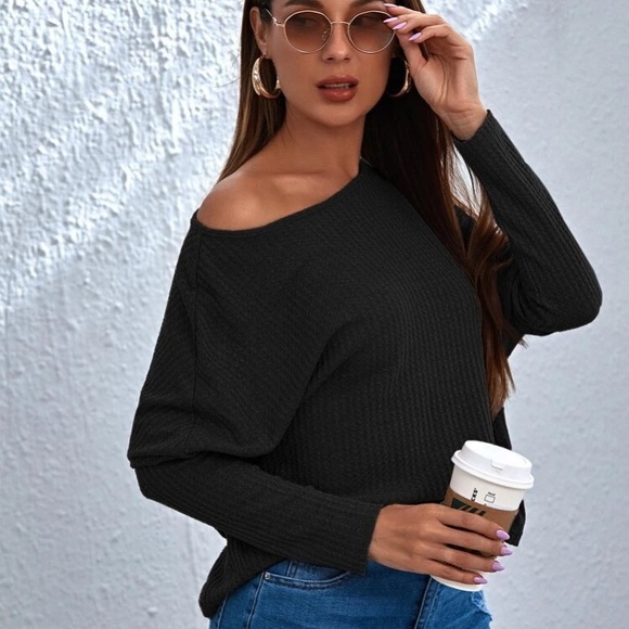 SHEIN Tops - Drop Sleeve Waffle Knit Top Sweater Black